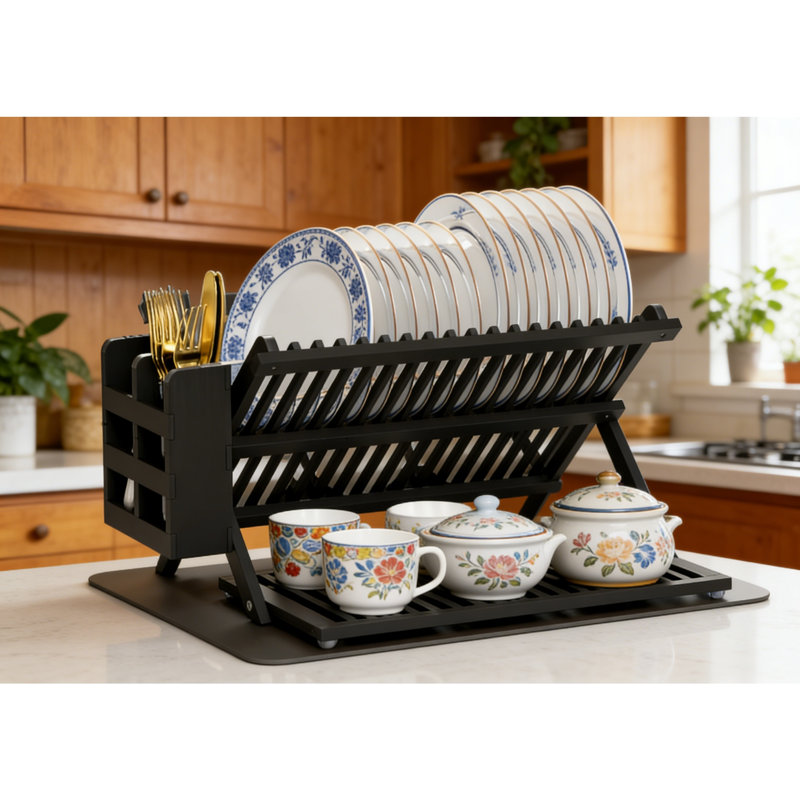 3 Tier Collapsible Wooden Dish Drying Rack With Utensil Holder And Mat, Black