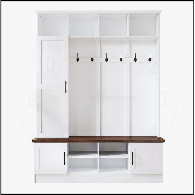 Versatile 3-in-1 Hall Tree with 6 Hooks, Farmhouse Walnut Storage Bench, and Adjustable Shelves for Modern Entryways