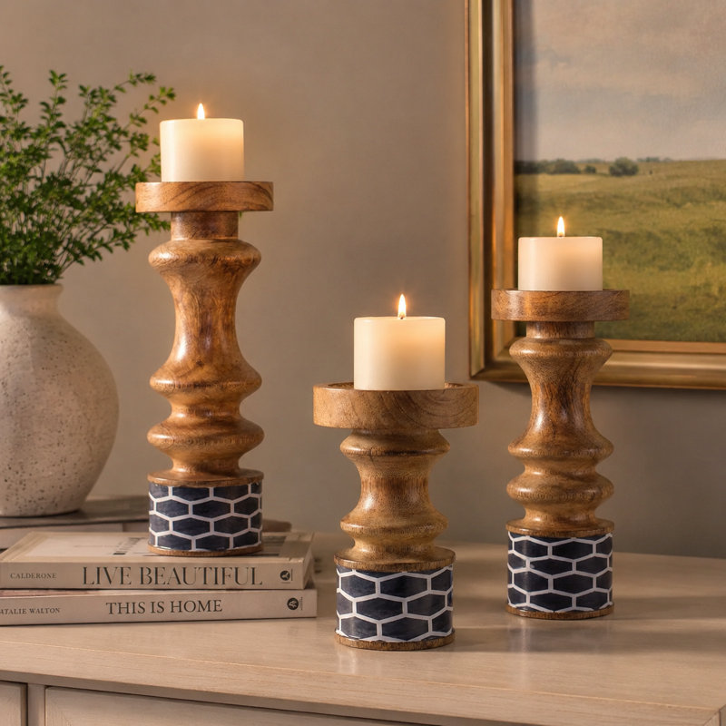  Ensemble de 3 porte-bougies en bois de manguier fabriqués à la main 