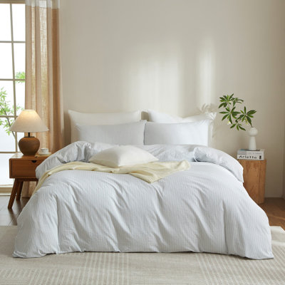 Ensemble de housse de couette à rayures LifeTown, 3 pièces, housse d'édredon respirante 100% coton délavé durable pour toutes les saisons, ensemble de literie texturé en lin chic.
