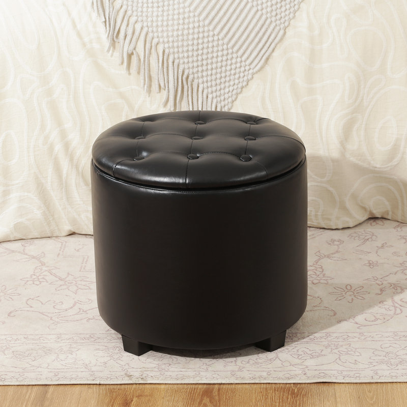 18" Round Faux Leather Storage Ottoman With Tufted Cushion, Black