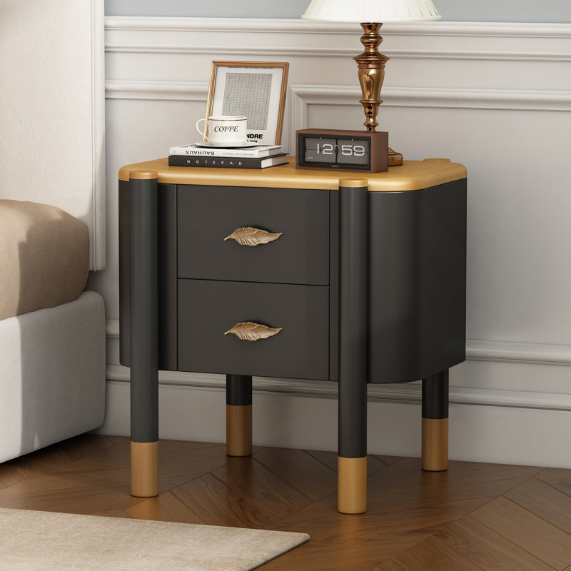 Table de chevet contemporaine à 2 tiroirs avec profil incurvé contemporain, table de chevet avec pieds exposés, Noir