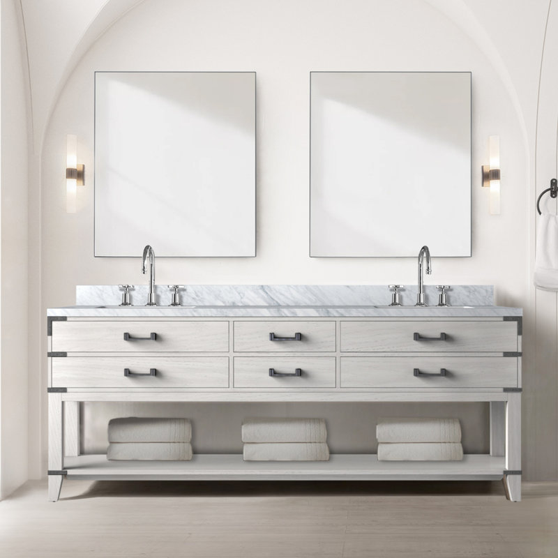 Meuble-lavabo double en chêne blanc 84 po X P 22 po D, avec plateau en marbre de Carrare, 84", Chêne blanc