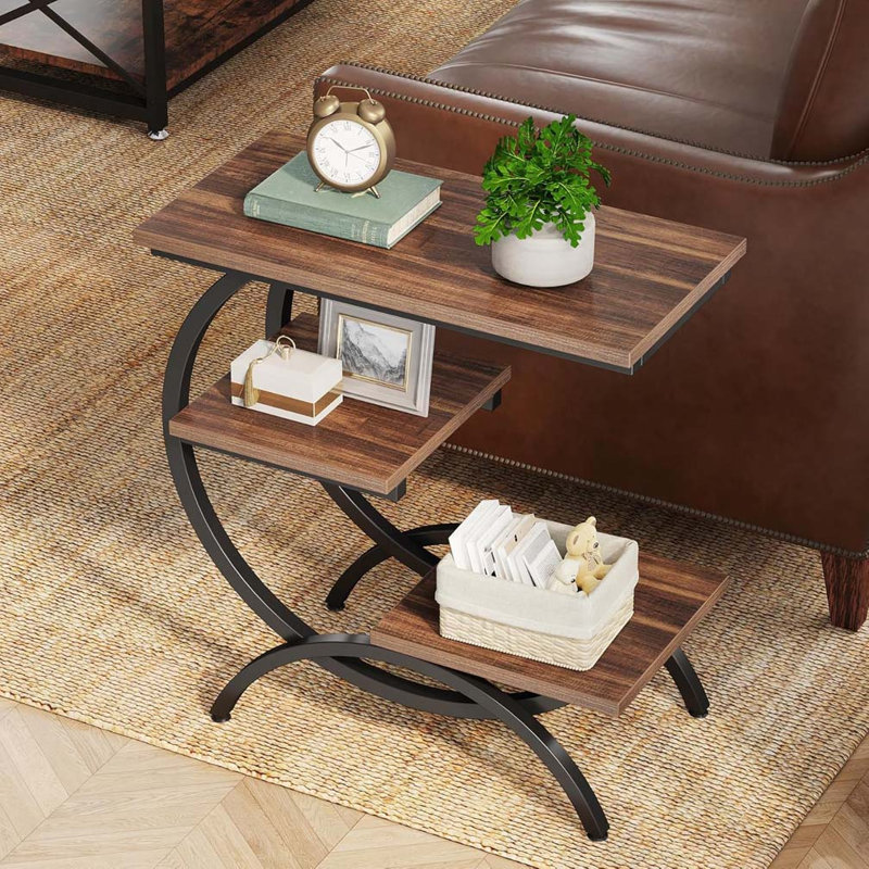 Table de bout en C, table d'appoint industrielle à 3 niveaux avec tablettes de rangement