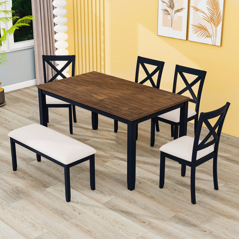 6-Piece Dining Table Set, Farmhouse Rectangular Table with Upholstered Chairs and Bench, Oak, Black, Black