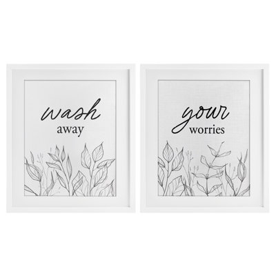 «Wash Away Worries Minimalist Leaves», ensemble de 2 reproductions encadrées encadrées sous verre