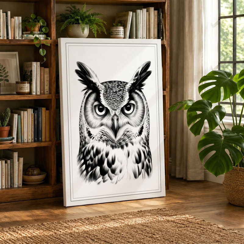 Watchful Owl Japandi - Wrapped Canvas, 36x24 - 91.4 x 61.0 cm, Ochre Border