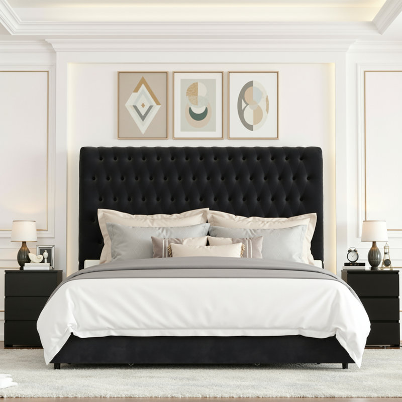 Ensemble de chambre à coucher 3 pièces, grand lit capitonné en velours, Noir, Grand