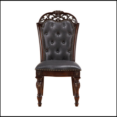 Formal Dining Chairs Set of 2 Cherry Finish Button-Tufted Faux Leather Upholstered Traditional Elegant Classic