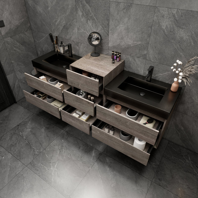 Golitz 79'' Double Bathroom Vanity with Stainless Steel Top, Oak