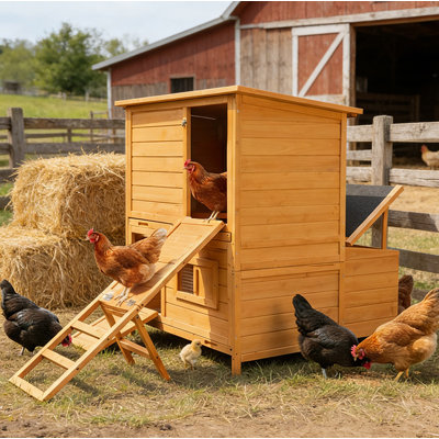 Wooden Chicken Coop With Nesting Boxes And Pull-out Trays, Double-house Chicken Coop With Ramp And Asphalt Roof