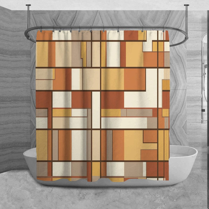 Mondrian Shower Curtain Geometric Bath Mat Brown Bathroom Decor, 73" H x 70" W