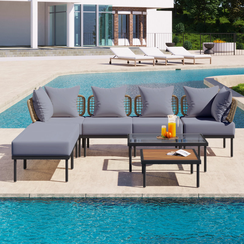 Ensemble de canapé modulaire d'extérieur 8 pièces avec table basse modulaire d'extérieur en verre trempé, Gris clair
