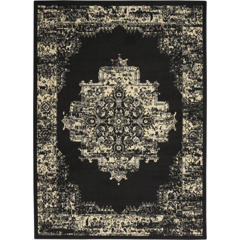 Burnie Oriental Black/Cream Area Rug, Rectangle 6' x 9'