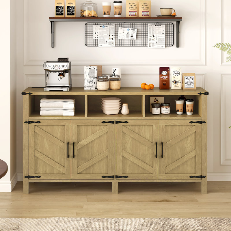 Buffet 59 po moderne à 4 portes avec prises USB et prises de courant, tablettes réglables, rangement semi-ouvert, détails métalliques