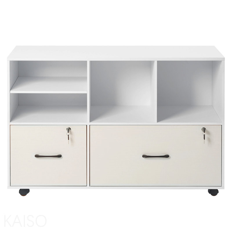 2 Drawer Wooden File Cabinet, Mobile Filing Cabinet With Open Shelves, Lockable Lateral Rolling File Storage With Adjustable Shelves, Free Standing Printer Stand For Home Office School, White