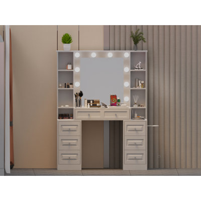 Vanity Desk With With Mirror And Lights,Makeup Vanity Table Wwith Lighted Mirror & Charging Station, Vanity Desk Dresser