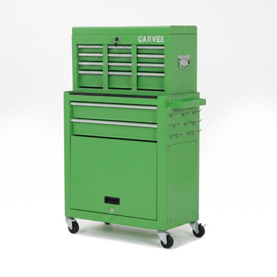 Lockable 2-in-1 Rolling Tool Chest & Cabinet, 8-Drawer Large Metal Tool Box Cart - Sliding Drawers w/ Protective Liners, 3-Inch Casters, Side Armrest - Green, 8 Drawers, Side Armrest, 3-Inch Wheels