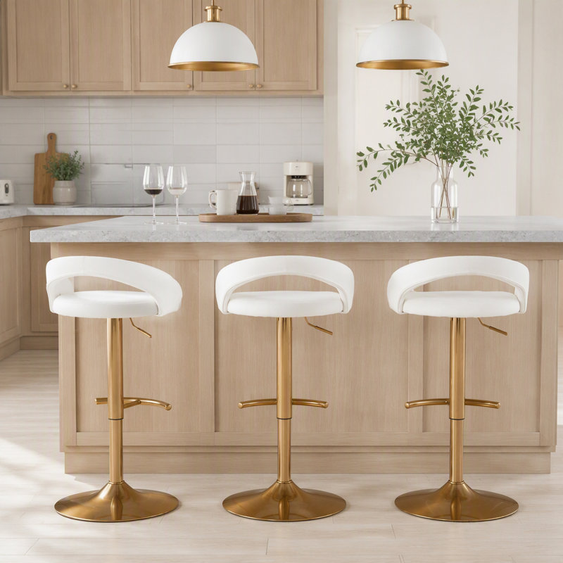 Tabouret de bar réglable en métal doré et velours blanc avec repose-pieds arrondi en T - ensemble de 2, 2