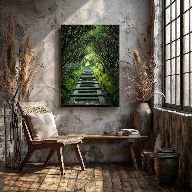 Toile, un sentier forestier serein serpente à travers un paysage vert luxuriant flanqué d'arbres torsadés avec une toile délicate à feuilles