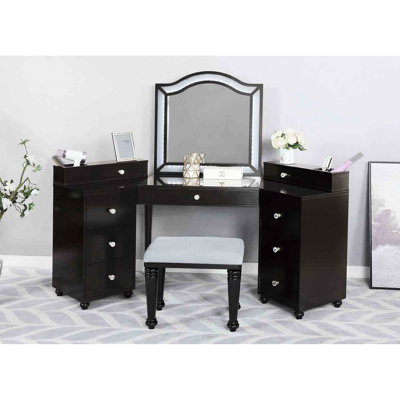 1Pc Grey Vanity And Stool , 8Mm Glass, Led , Multiple Storage Drawers For Bedroom Use Mirror, Drawers, Finish
