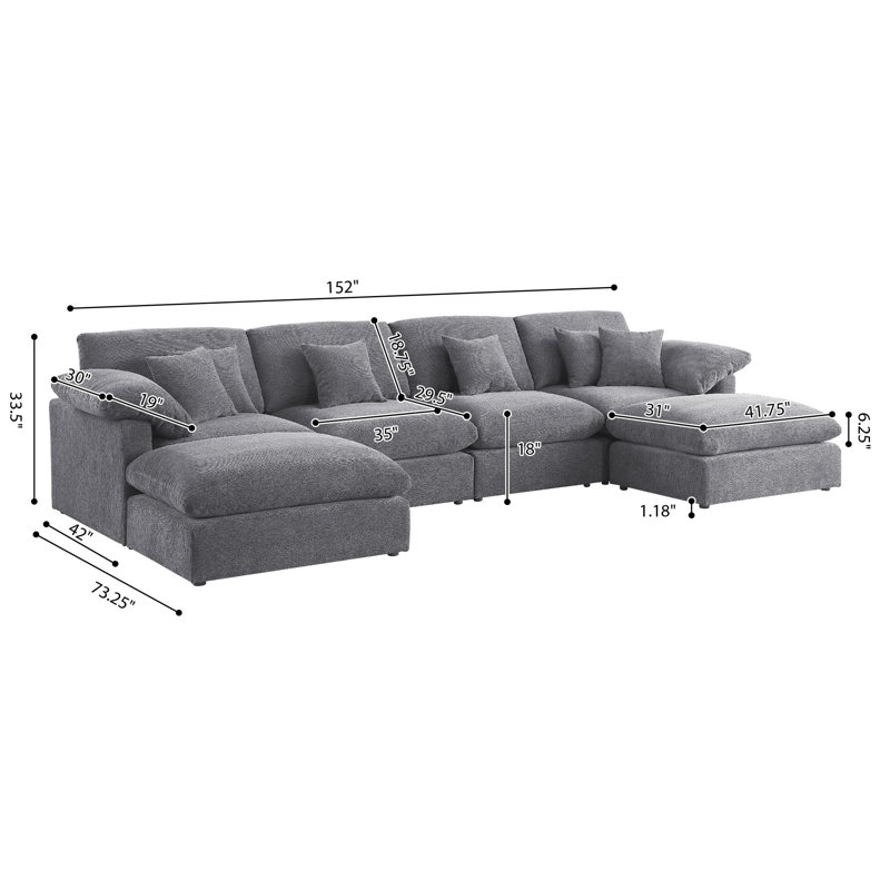 Canapé modulaire surdimensionné de 152 po Cloud, Tissu gris