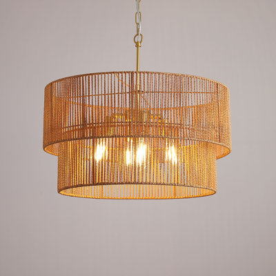 Boswel 24 in. 5-Light Retro Style 2-Tier Rattan Gold Pendant Light for Kitchen Island with no bulbs included