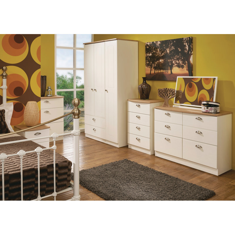 Fully Assembled Murier 2 Drawer Bedside Table, Cream Ash/Riviera Oak