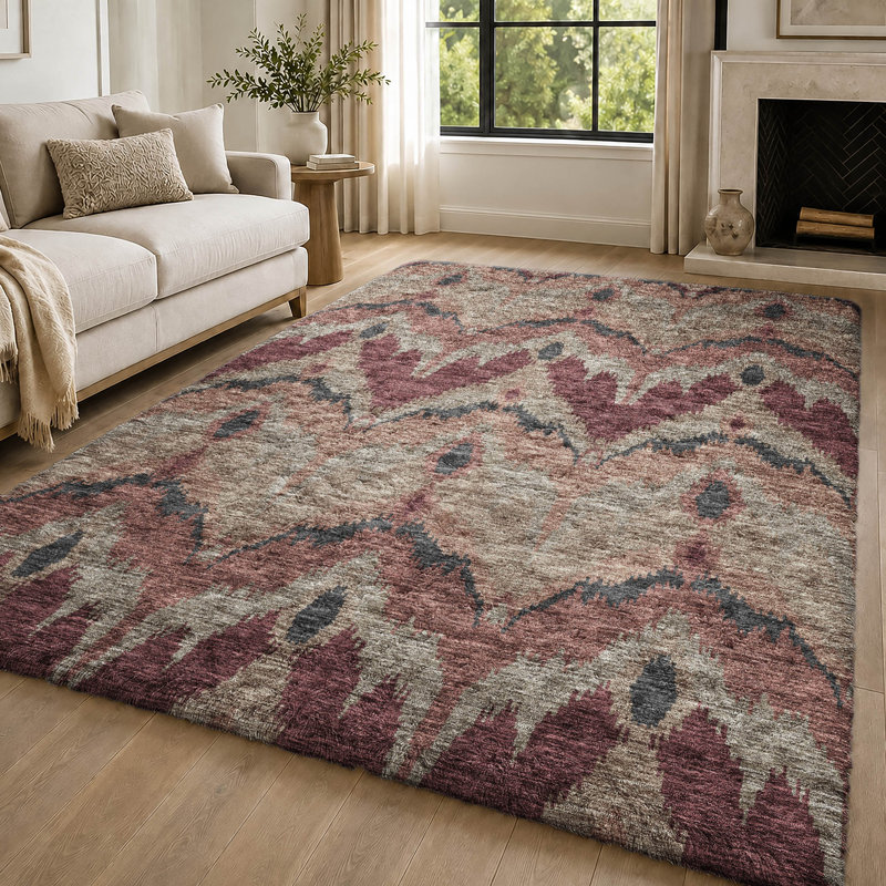 Tapis Dream Shag ADS743 Ikat lavable à la machine de qualité supérieure, Bourgogne, 8' x 10'