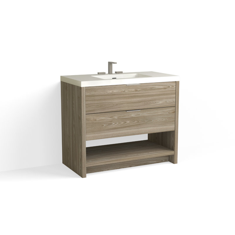 Vue 42" W Freestanding Single Bathroom Vanity, Glossy White/8" Widespread, Matte Black, White Nanomatte
