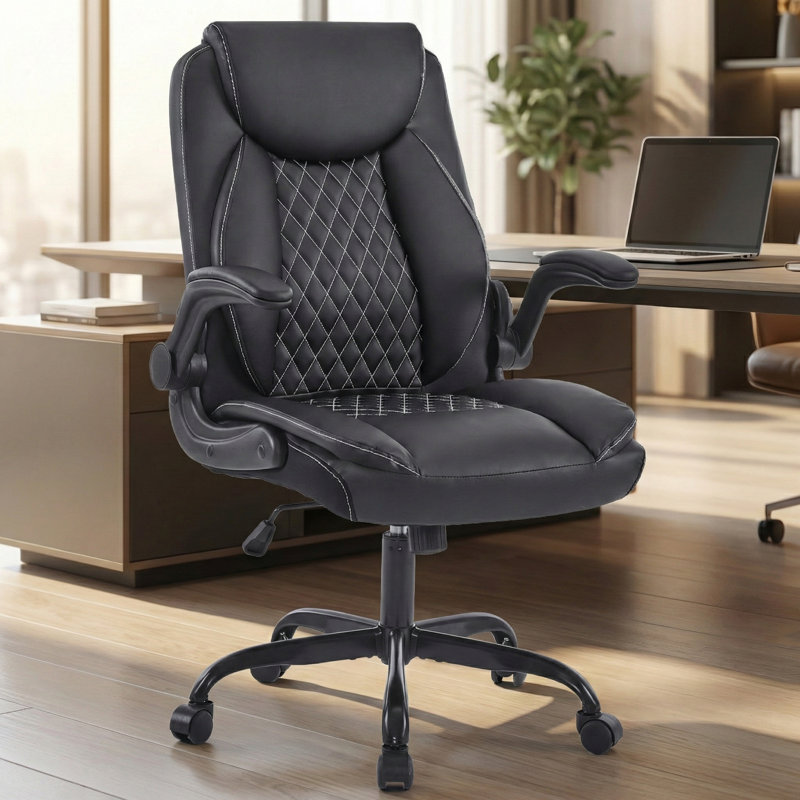 Zentrix Ultra-Modern Faux Leather Executive Office Chair with Lumbar Support, Flip-Up Arms & 360° Swivel - Ergonomic Task Chair