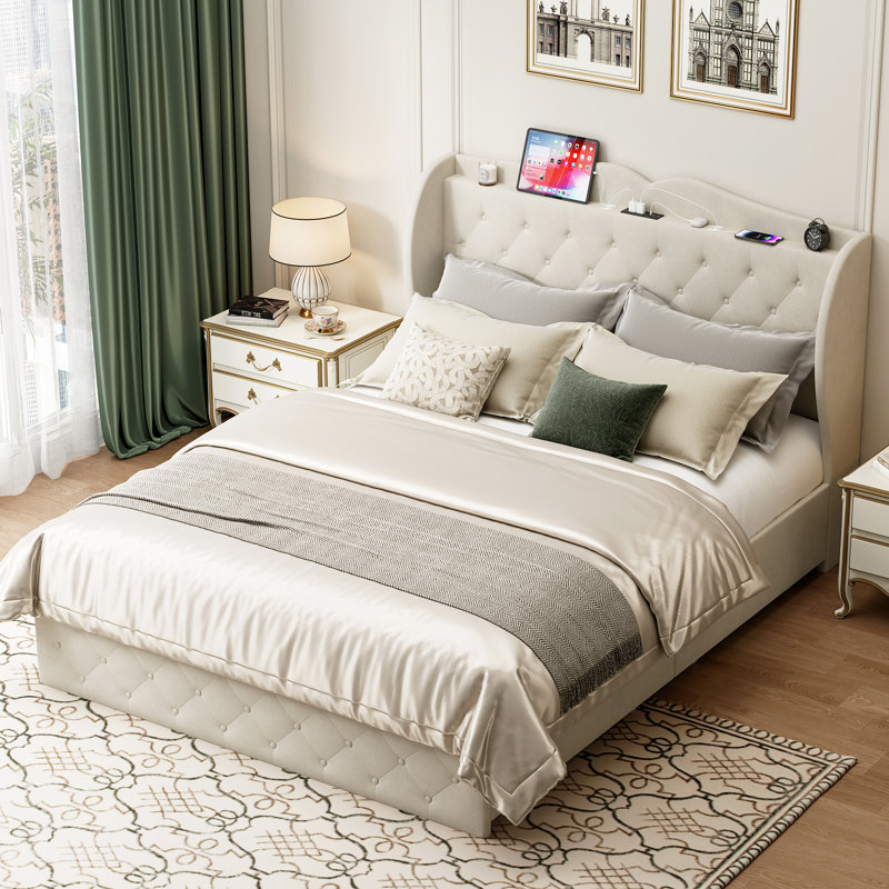 48.4'' Upholstered Bed with 4 Drawers, Bed with Storage Headboard and Charging Station, Queen