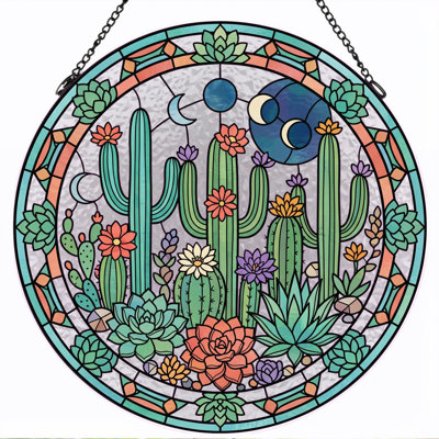 Cactus Garden Stained Glass Window Panel，7.8H