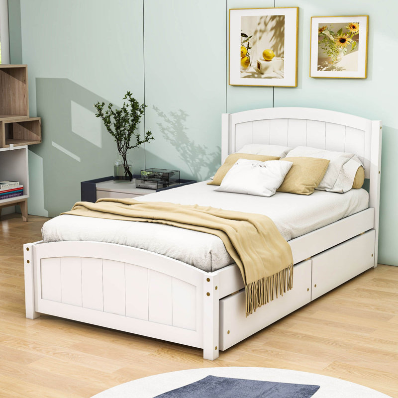 Lit plateforme simple avec tête de lit à 2 tiroirs Divyansh, Blanc