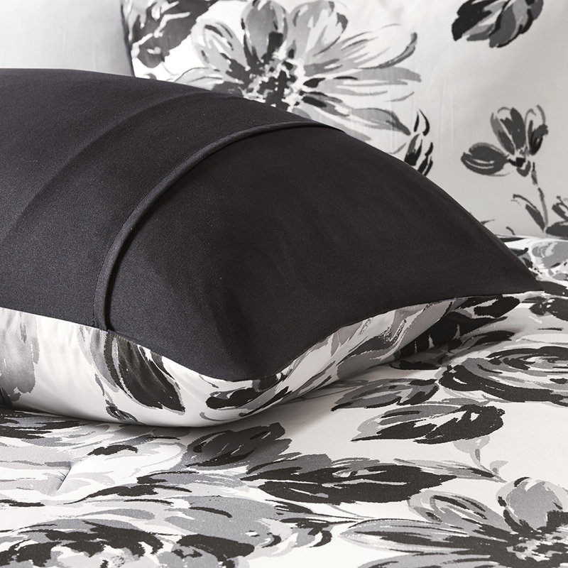 Literie fleurie noire et blanche pour lit simple XL - Douce et lavable à la machine