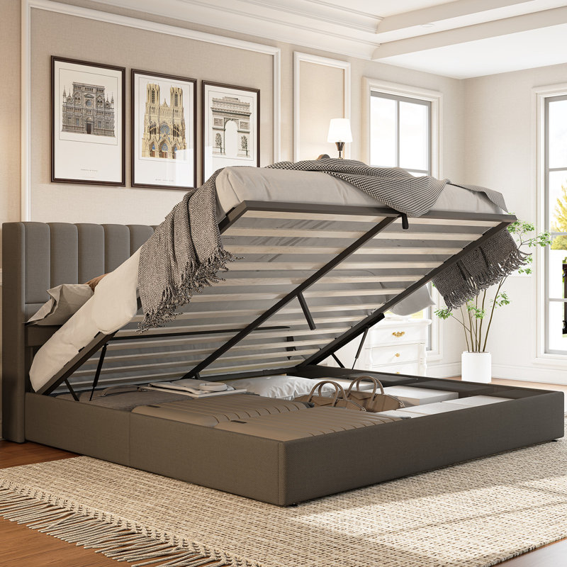 Modern Upholstered Platform Bed with Grid Tufted Headboard, Gray, Queen