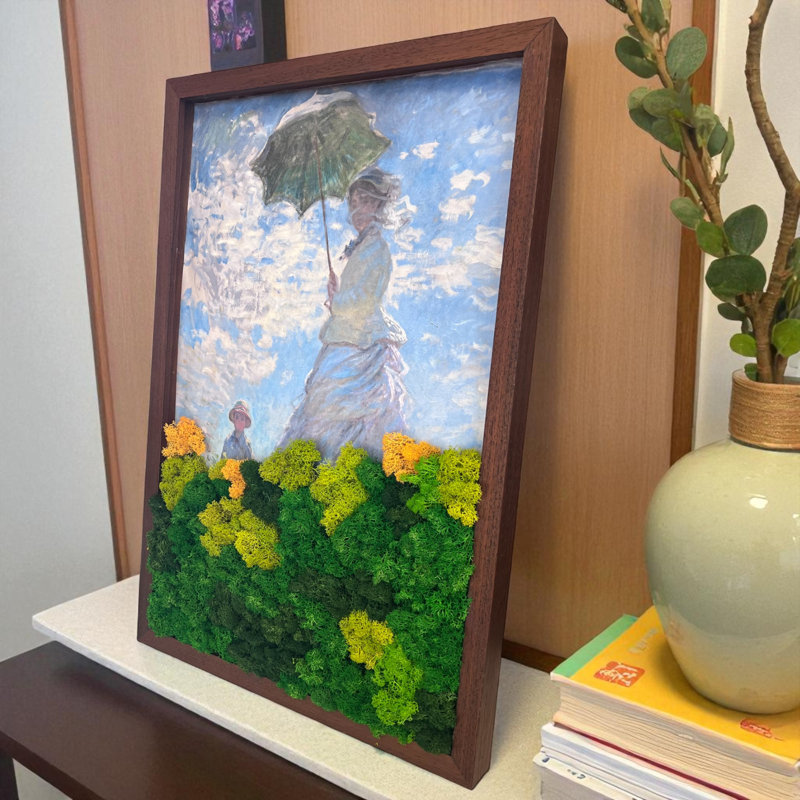 Monet’s Woman with a Parasol Framed Canvas Art - Impressionist Giclée Print with Maintenance-Free 3D Preserved Moss Border