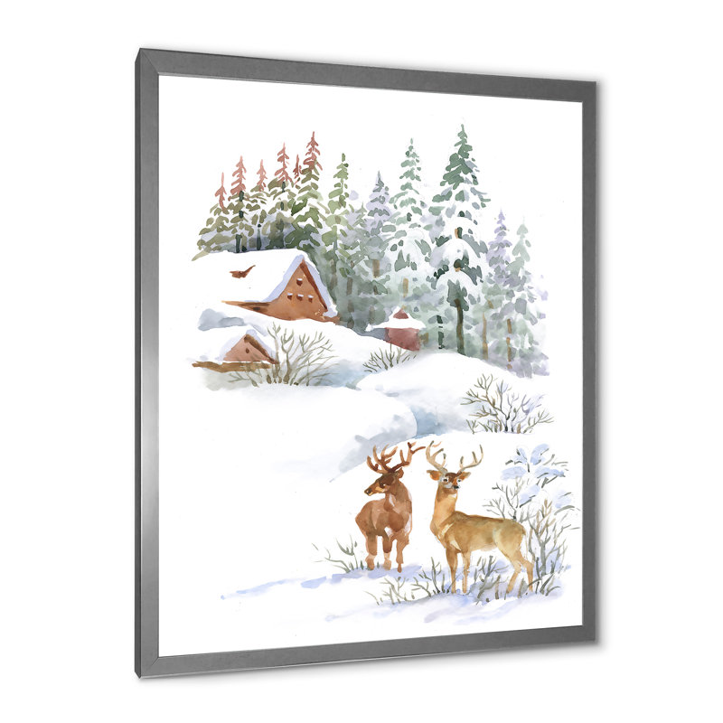 Chalet d'hiver avec deux cerfs - peinture sur toile, H 32 po x l 16 po x P 1,5 po, Toile encadrée argentée