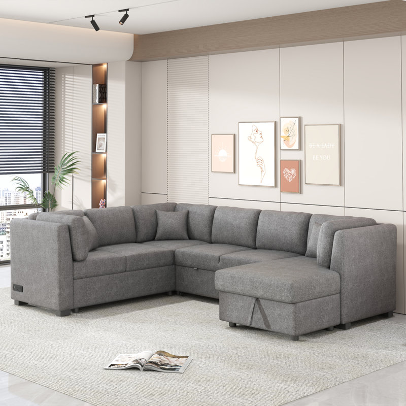 Wattripont 108.6'' Chenille U-shaped Sectional Sofa Pull out Sofa Bed with Two USB Ports, Light Gray Chenille