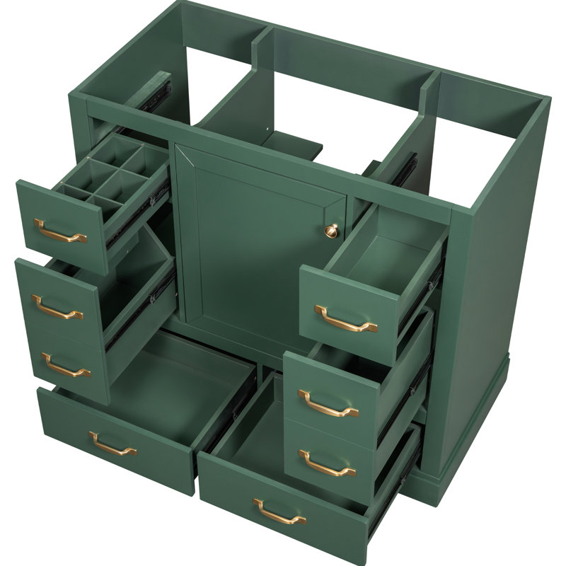 Meuble-lavabo 36 po, 6 tiroirs en bois massif, tablette réglable, base d'armoire compatible avec lavabo encastré, design moderne, autoportant, assemblage