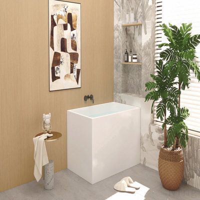 43" Acrylic Freestanding Bathtub With Seat: Spacious Rectangle Shape, Gloss White Finish, Chrome Overflow & Pop-Up Drain
