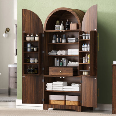 Armoire de cuisine K&K de 72 po de hauteur avec 8 portes, armoires de rangement cannelées avec 3 tablettes réglables, tiroir caché, armoire polyvalente pour la cuisine, la salle à manger et la salle de bain, brun