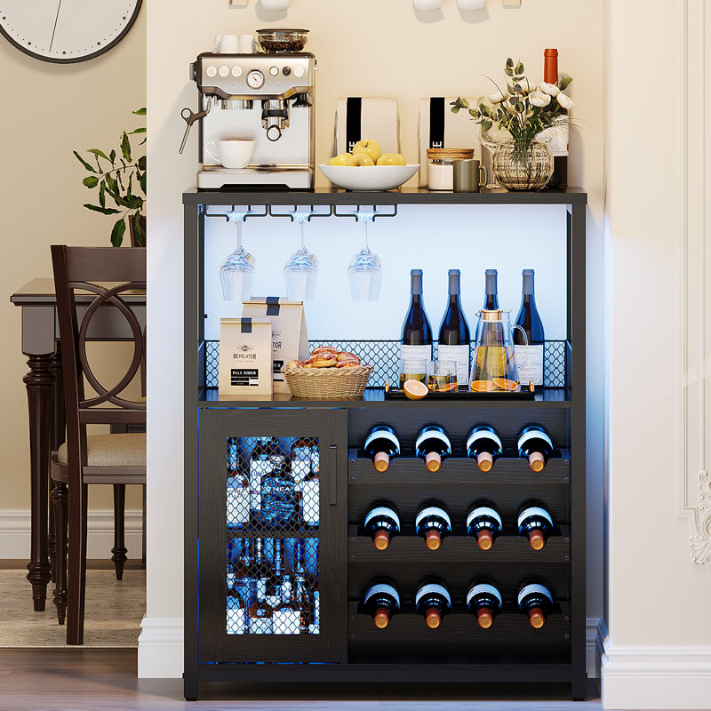 3-tier Wine Bar Cabinet With Led Lights For Kitchen, Living Room And Bar, Black
