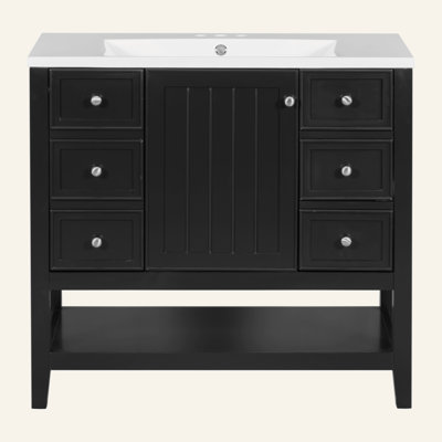 Meuble-lavabo 36 po avec lavabo intégré | 1 armoire et 3 tiroirs pour un grand rangement | Fabrication en bois massif résistant à l'eau et en panneau de fibres à densité moyenne | Organisateur de salle de bain moderne pour articles de toilette et li