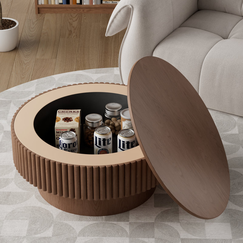 Table basse ronde avec rangement, Noyer, H 14 po x l 31,5 po x P 31,5 po