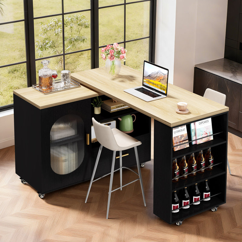 Îlot de cuisine avec table allongée, armoire de rangement, tiroirs, chêne noir, Chêne clair / noir 