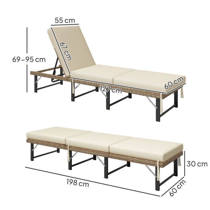 Outsunny Folding Rattan Sun Lounger 6-Level Adjustable with Cushion Natural