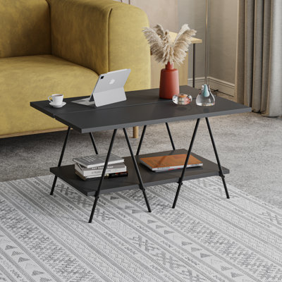 Essel Modern Industrial Coffee Table with Open Storage Shelf and Metal Legs