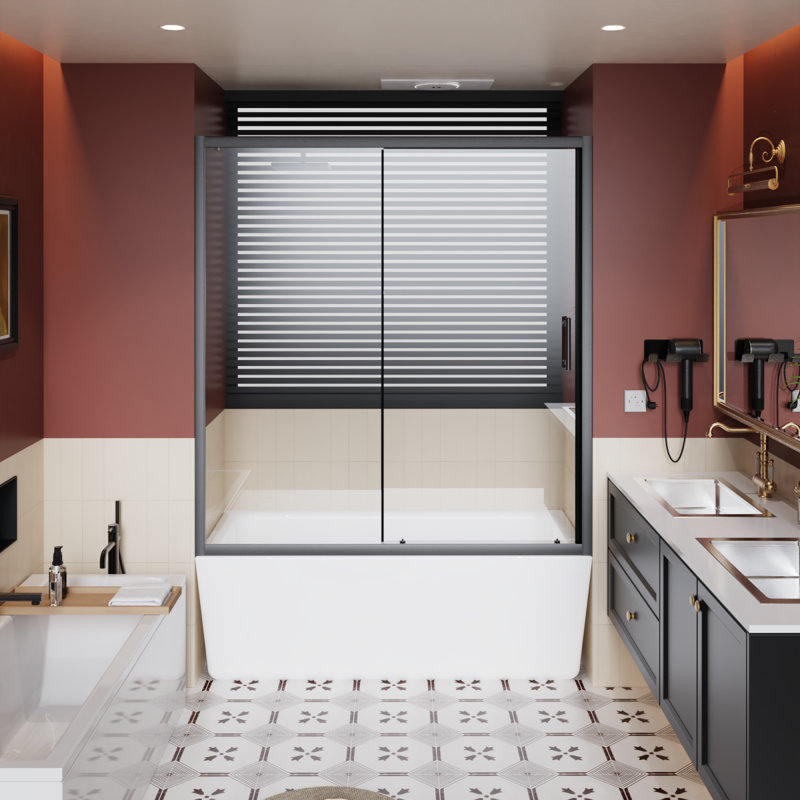 60.In W X 62.In H Single Sliding Shower Door For Bathtub, 1/5 Inch Thick Clear Tempered Glass Shower Door With Stainless Steel Handle, Black