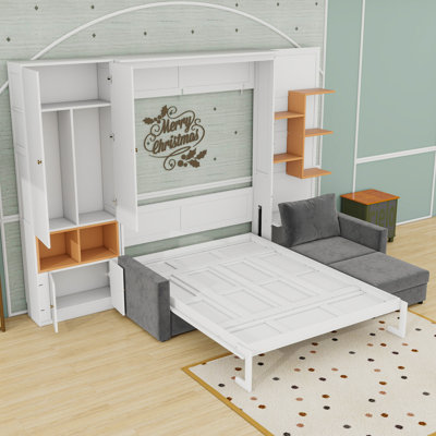 Grand lit escamotable avec canapé surdimensionné, tablettes, armoires et double éclairage